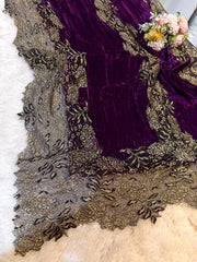 Purple Crush Velvet Stoles With Cutwork Lace 2.10 meter length 37 inch width