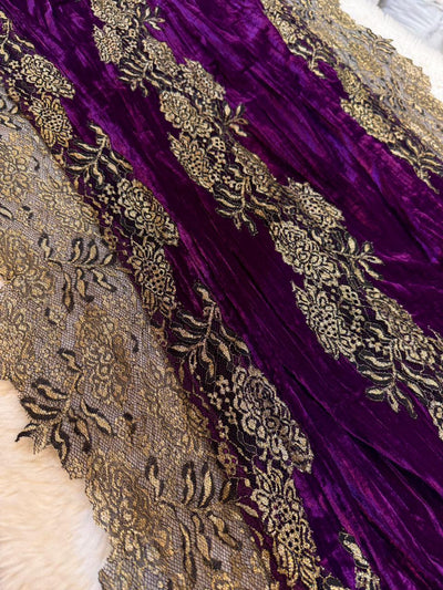 Purple Crush Velvet Stoles With Cutwork Lace 2.10 meter length 37 inch width