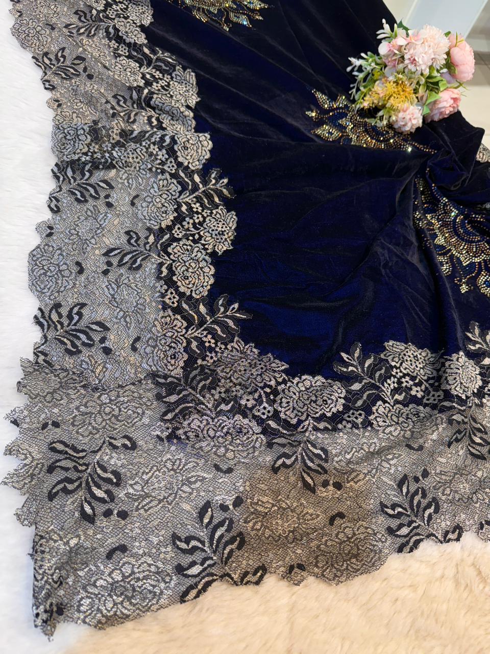 Navy Blue Crush Velvet Stoles With Cutwork Lace and Stone Work 2.10 meter length 37 inch width