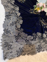 Navy Blue Crush Velvet Stoles With Cutwork Lace and Stone Work 2.10 meter length 37 inch width