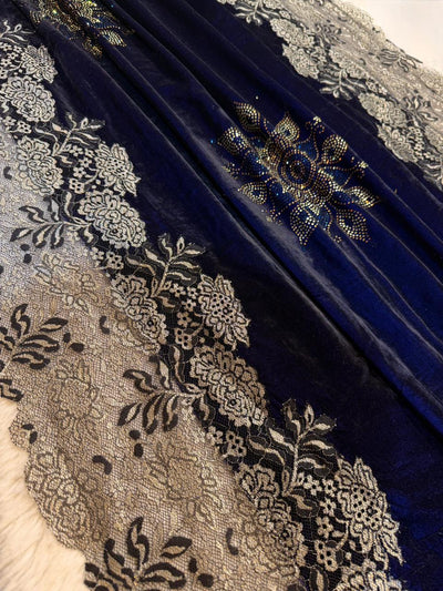 Navy Blue Crush Velvet Stoles With Cutwork Lace and Stone Work 2.10 meter length 37 inch width