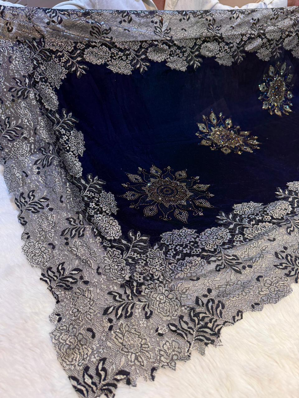 Navy Blue Crush Velvet Stoles With Cutwork Lace and Stone Work 2.10 meter length 37 inch width