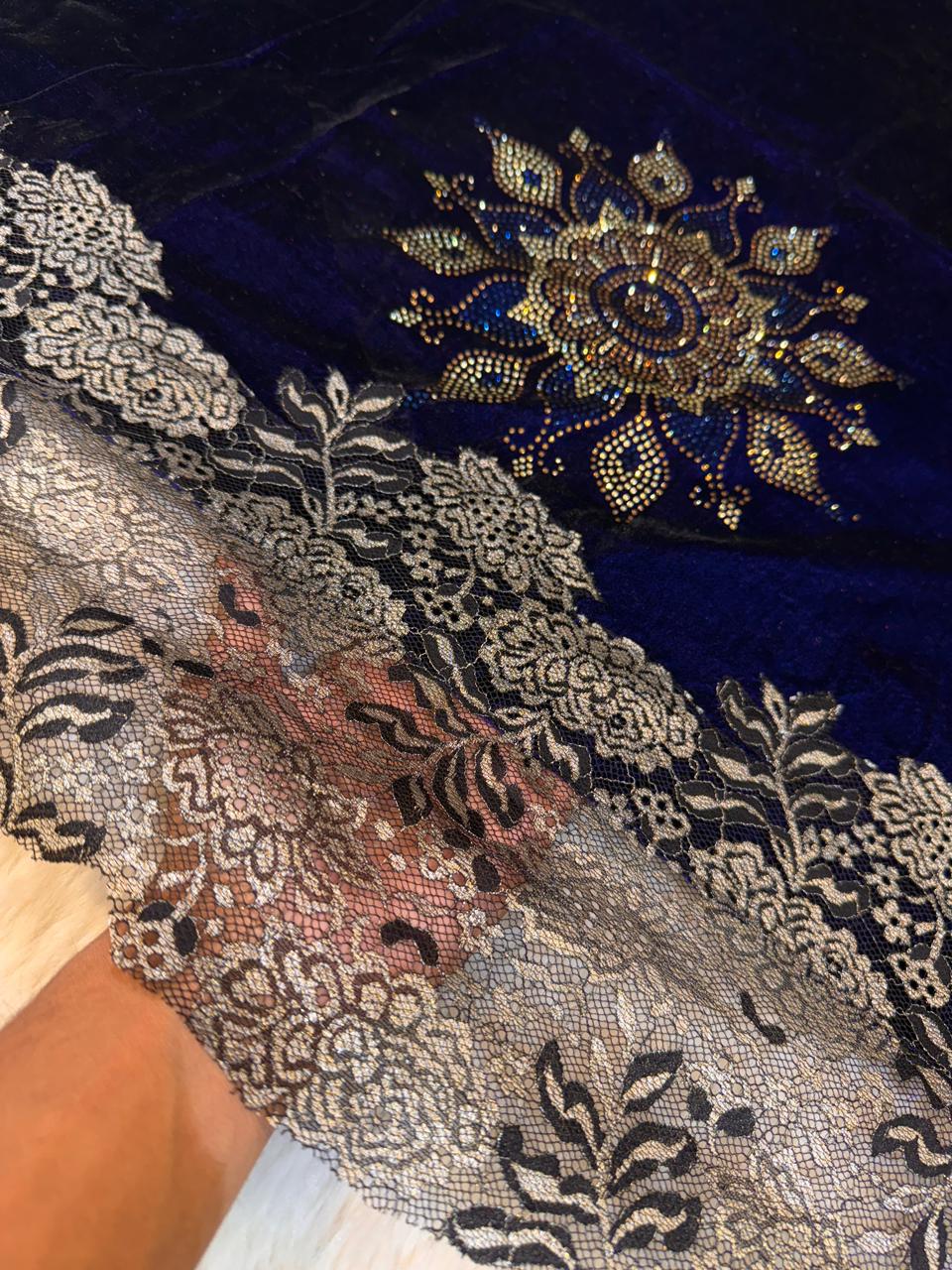 Navy Blue Crush Velvet Stoles With Cutwork Lace and Stone Work 2.10 meter length 37 inch width