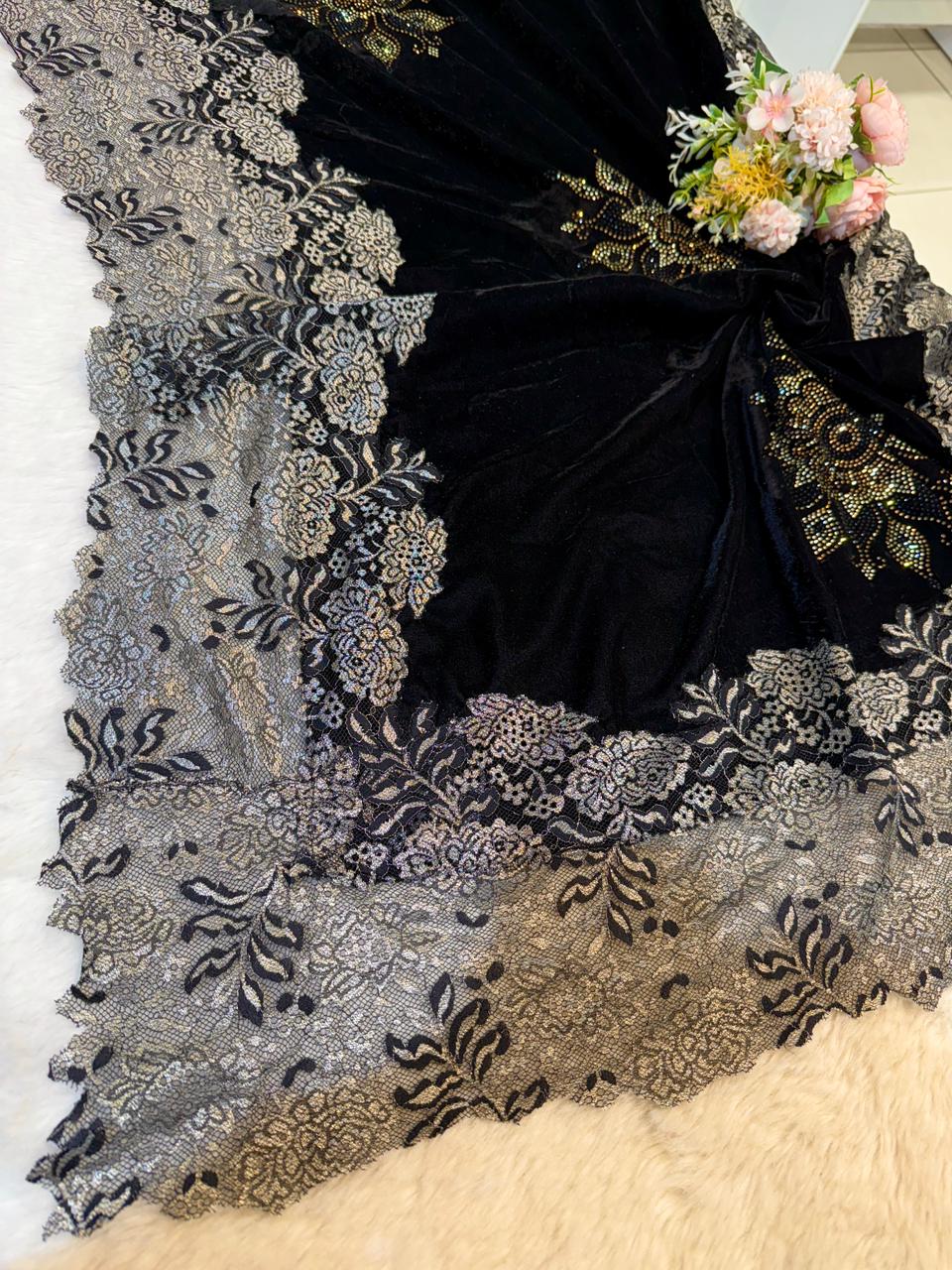 Black Crush Velvet Stoles With Cutwork Lace and Stone Work 2.10 meter length 37 inch width