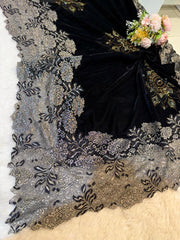 Black Crush Velvet Stoles With Cutwork Lace and Stone Work 2.10 meter length 37 inch width