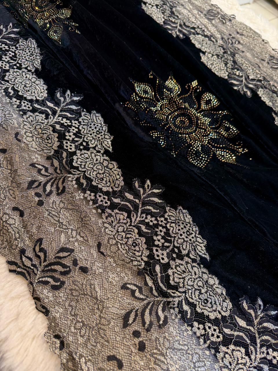 Black Crush Velvet Stoles With Cutwork Lace and Stone Work 2.10 meter length 37 inch width