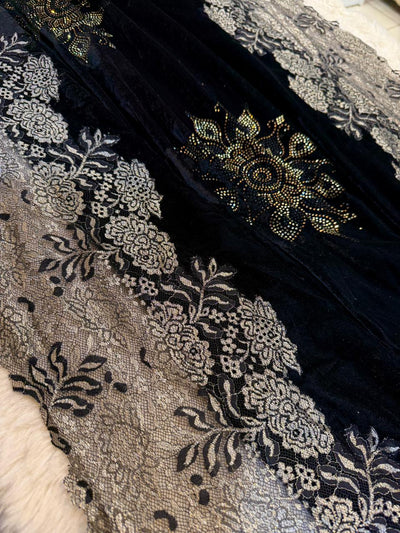 Black Crush Velvet Stoles With Cutwork Lace and Stone Work 2.10 meter length 37 inch width