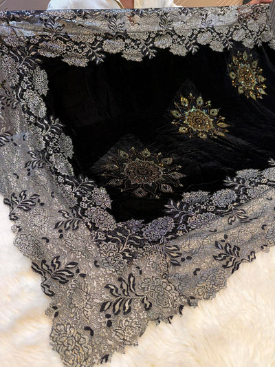Black Crush Velvet Stoles With Cutwork Lace and Stone Work 2.10 meter length 37 inch width