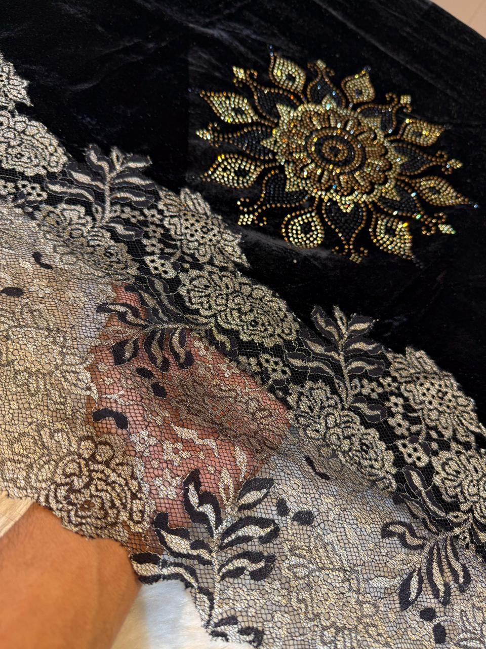 Black Crush Velvet Stoles With Cutwork Lace and Stone Work 2.10 meter length 37 inch width