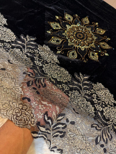 Black Crush Velvet Stoles With Cutwork Lace and Stone Work 2.10 meter length 37 inch width