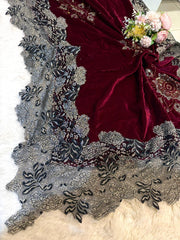 Maroon Crush Velvet Stoles With Cutwork Lace and Stone Work 2.10 meter length 37 inch width