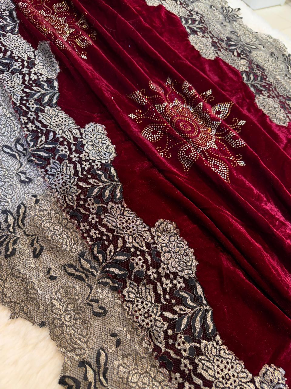 Maroon Crush Velvet Stoles With Cutwork Lace and Stone Work 2.10 meter length 37 inch width