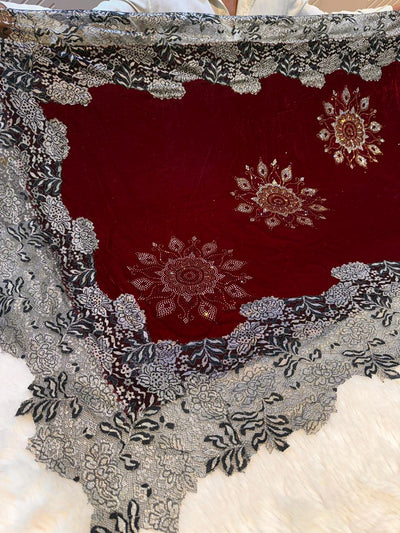 Maroon Crush Velvet Stoles With Cutwork Lace and Stone Work 2.10 meter length 37 inch width