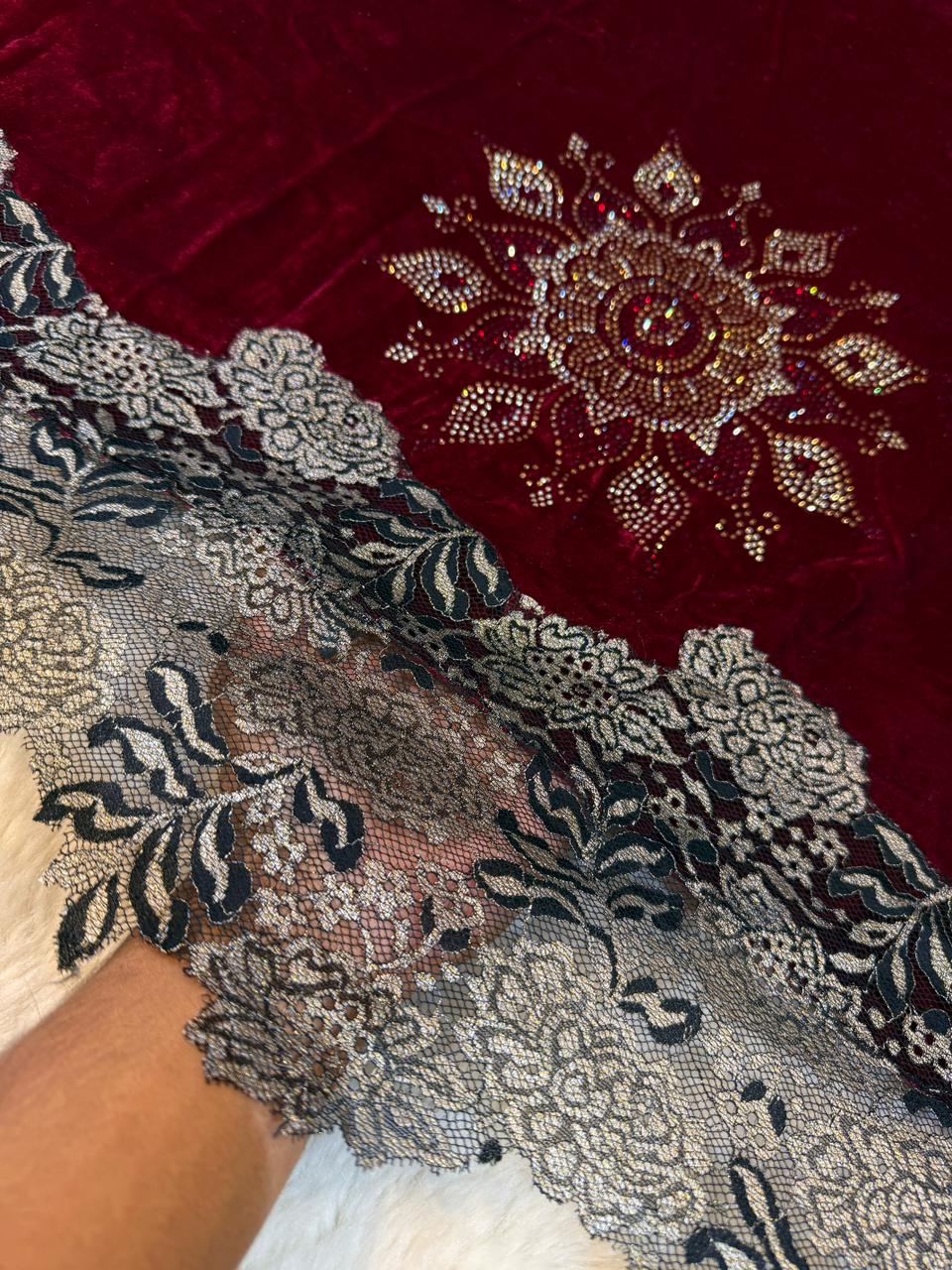 Maroon Crush Velvet Stoles With Cutwork Lace and Stone Work 2.10 meter length 37 inch width