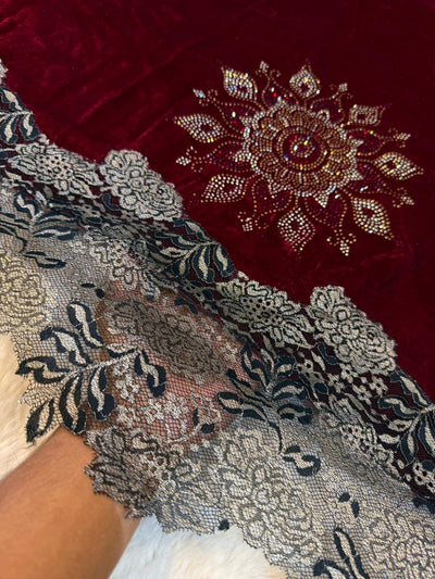 Maroon Crush Velvet Stoles With Cutwork Lace and Stone Work 2.10 meter length 37 inch width