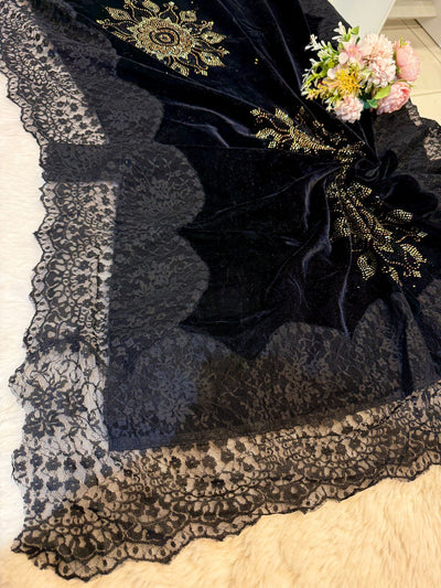 Black Crush Velvet Stoles With Cutwork Lace and Stone Work 2.10 meter length 37 inch width
