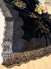 Black Crush Velvet Stoles With Cutwork Lace and Stone Work 2.10 meter length 37 inch width