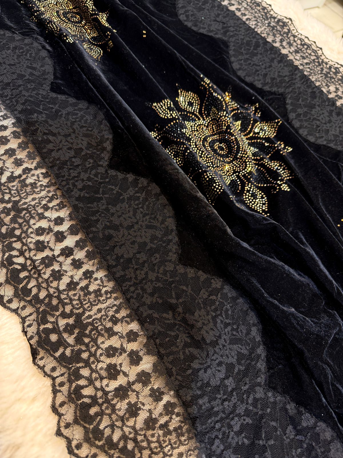 Black Crush Velvet Stoles With Cutwork Lace and Stone Work 2.10 meter length 37 inch width
