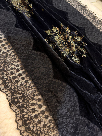 Black Crush Velvet Stoles With Cutwork Lace and Stone Work 2.10 meter length 37 inch width