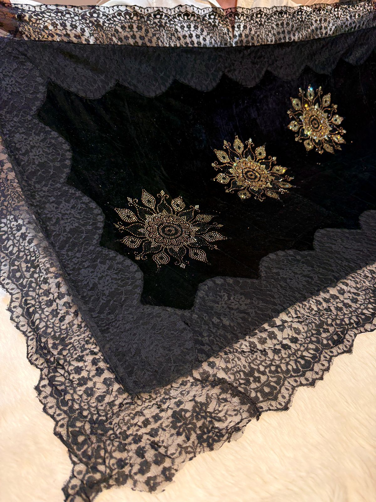 Black Crush Velvet Stoles With Cutwork Lace and Stone Work 2.10 meter length 37 inch width