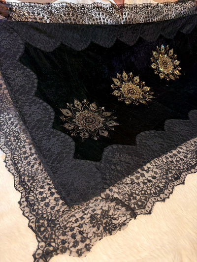 Black Crush Velvet Stoles With Cutwork Lace and Stone Work 2.10 meter length 37 inch width