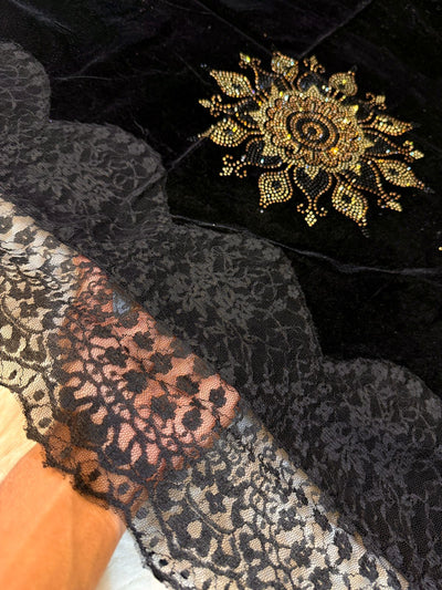 Black Crush Velvet Stoles With Cutwork Lace and Stone Work 2.10 meter length 37 inch width
