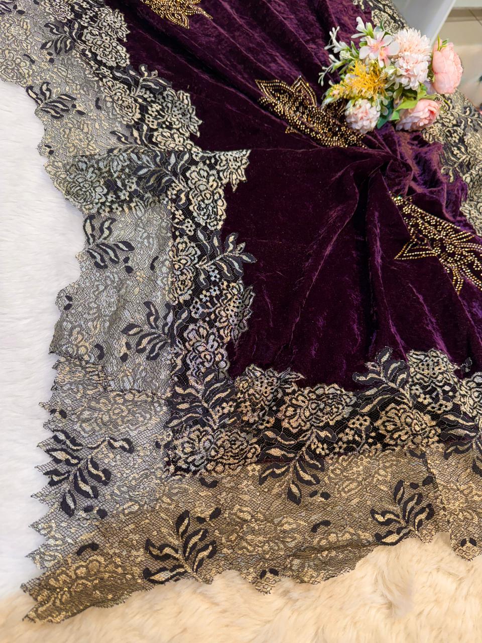 Wine Crush Velvet Stoles With Cutwork Lace and Stone Work 2.10 meter length 37 inch width