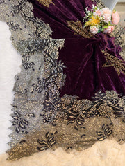 Wine Crush Velvet Stoles With Cutwork Lace and Stone Work 2.10 meter length 37 inch width