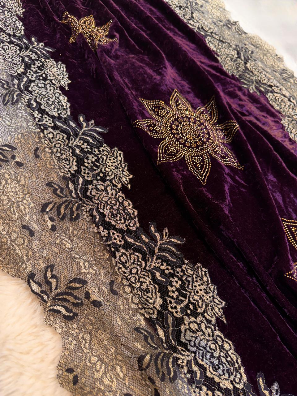 Wine Crush Velvet Stoles With Cutwork Lace and Stone Work 2.10 meter length 37 inch width