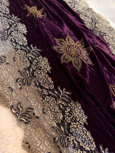 Wine Crush Velvet Stoles With Cutwork Lace and Stone Work 2.10 meter length 37 inch width