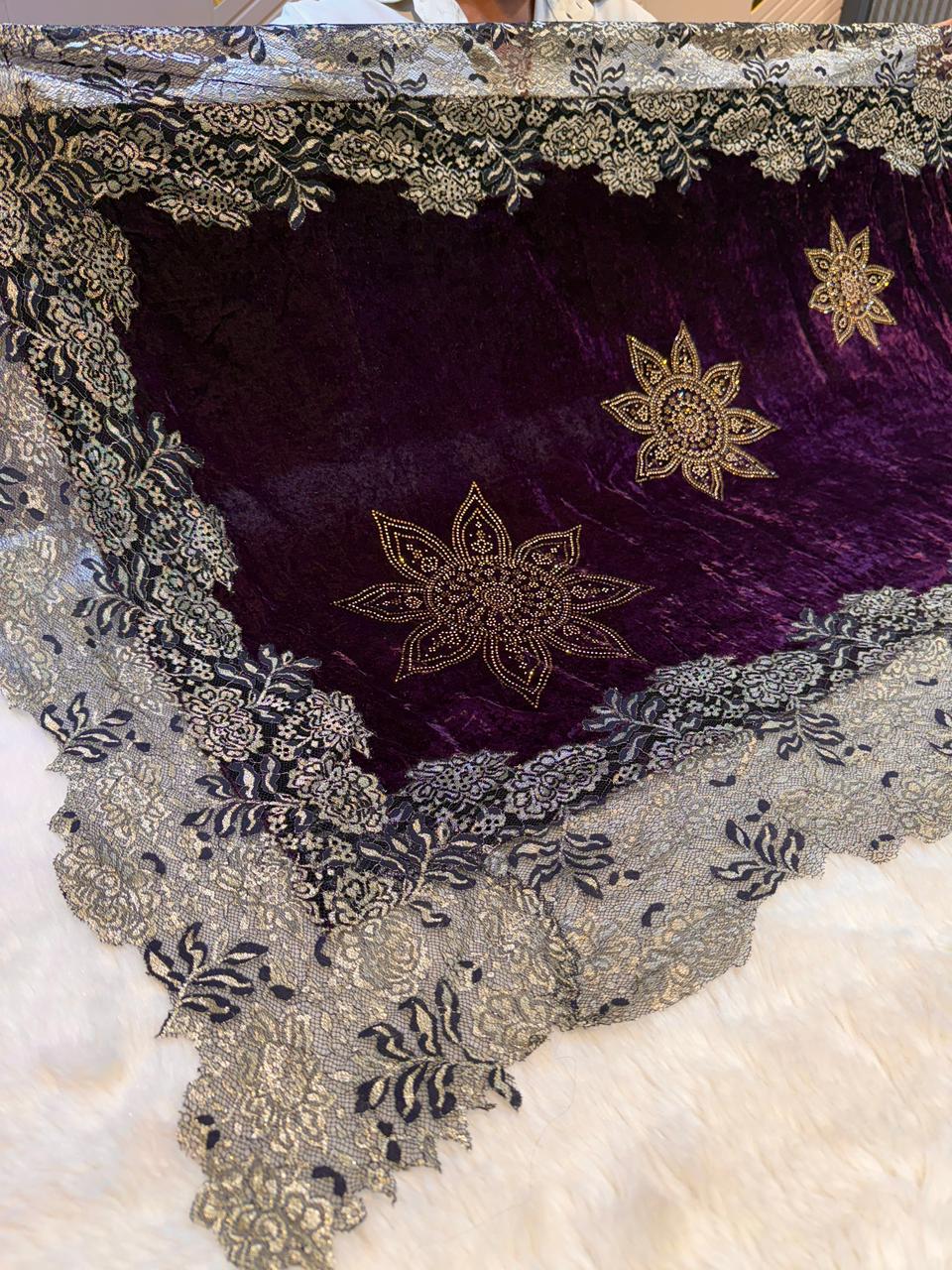 Wine Crush Velvet Stoles With Cutwork Lace and Stone Work 2.10 meter length 37 inch width