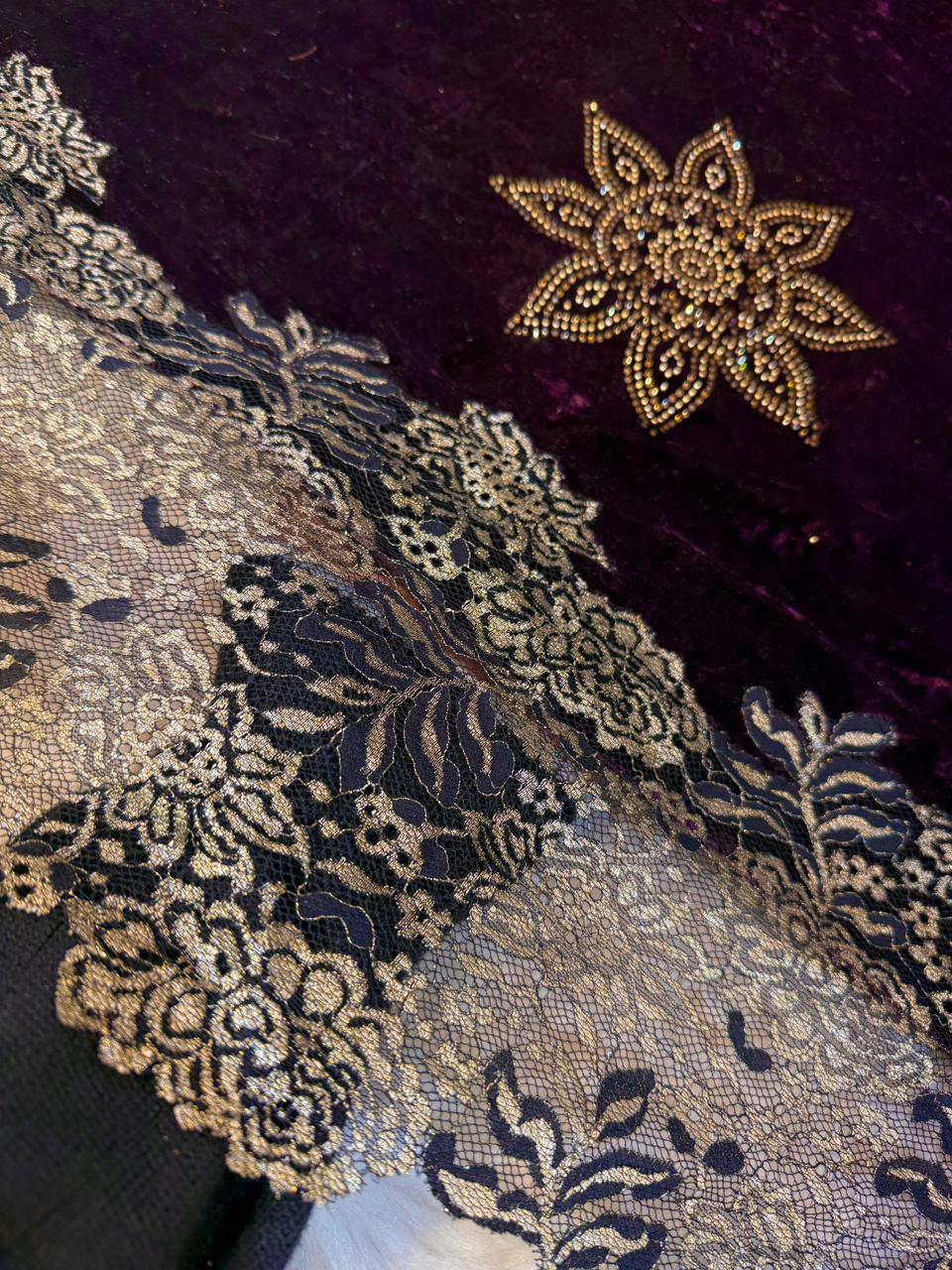 Wine Crush Velvet Stoles With Cutwork Lace and Stone Work 2.10 meter length 37 inch width
