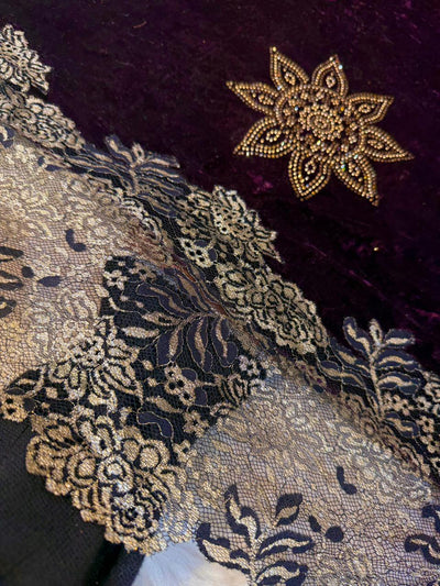 Wine Crush Velvet Stoles With Cutwork Lace and Stone Work 2.10 meter length 37 inch width