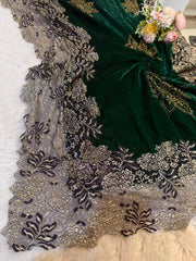 Green Crush Velvet Stoles With Cutwork Lace and Stone Work 2.10 meter length 37 inch width