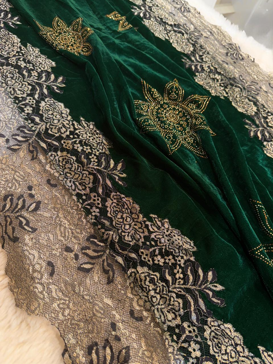 Green Crush Velvet Stoles With Cutwork Lace and Stone Work 2.10 meter length 37 inch width