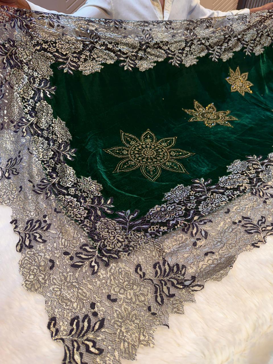 Green Crush Velvet Stoles With Cutwork Lace and Stone Work 2.10 meter length 37 inch width