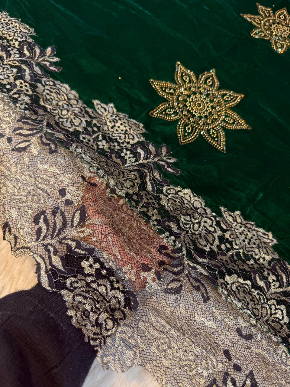 Green Crush Velvet Stoles With Cutwork Lace and Stone Work 2.10 meter length 37 inch width