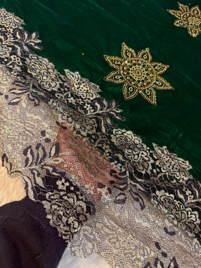 Green Crush Velvet Stoles With Cutwork Lace and Stone Work 2.10 meter length 37 inch width