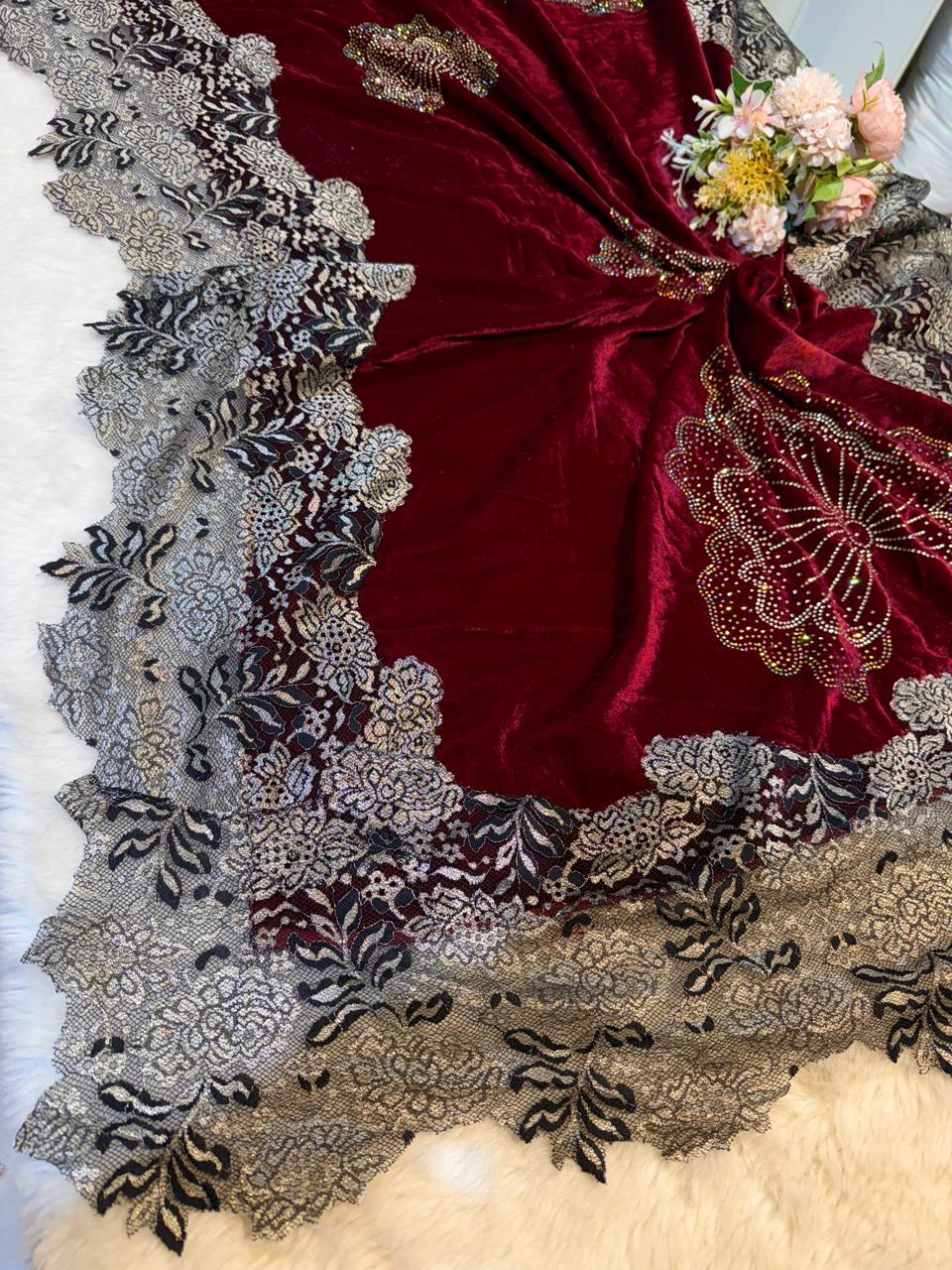 Maroon Crush Velvet Stoles With Cutwork Lace and Stone Work 2.10 meter length 37 inch width