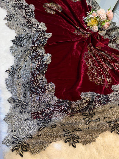 Maroon Crush Velvet Stoles With Cutwork Lace and Stone Work 2.10 meter length 37 inch width