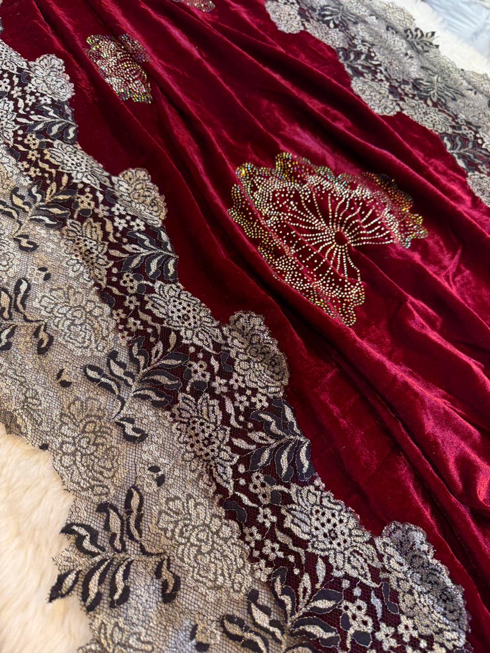 Maroon Crush Velvet Stoles With Cutwork Lace and Stone Work 2.10 meter length 37 inch width