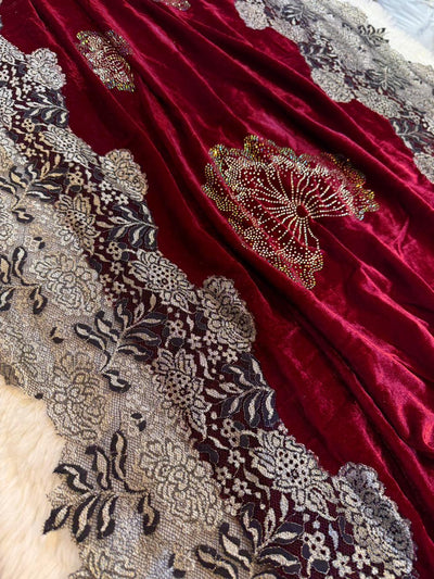 Maroon Crush Velvet Stoles With Cutwork Lace and Stone Work 2.10 meter length 37 inch width