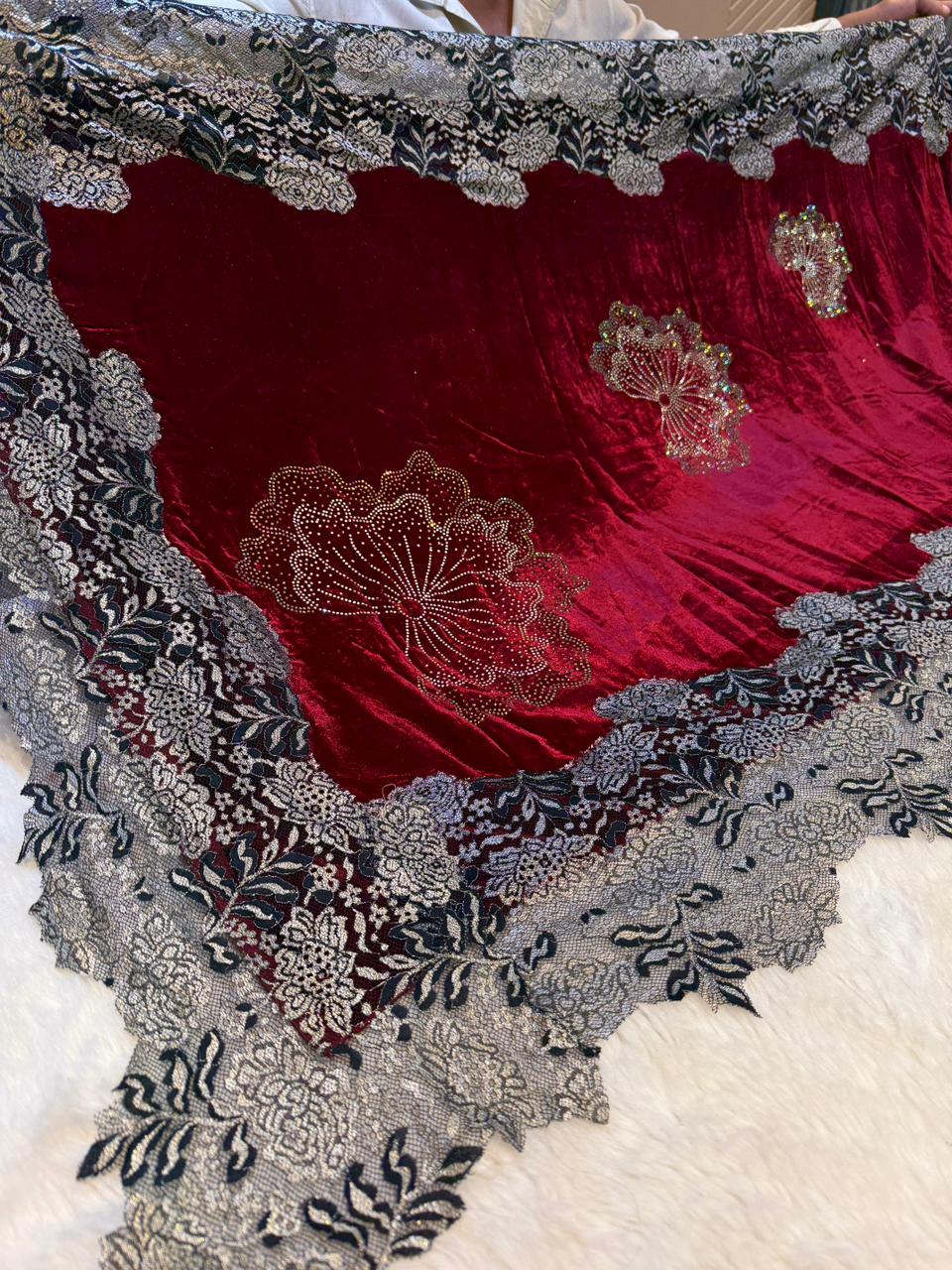 Maroon Crush Velvet Stoles With Cutwork Lace and Stone Work 2.10 meter length 37 inch width