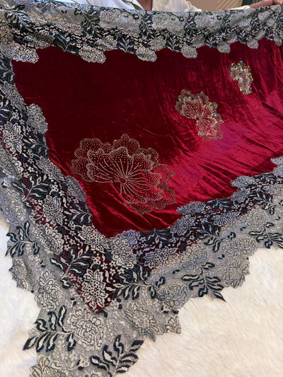Maroon Crush Velvet Stoles With Cutwork Lace and Stone Work 2.10 meter length 37 inch width