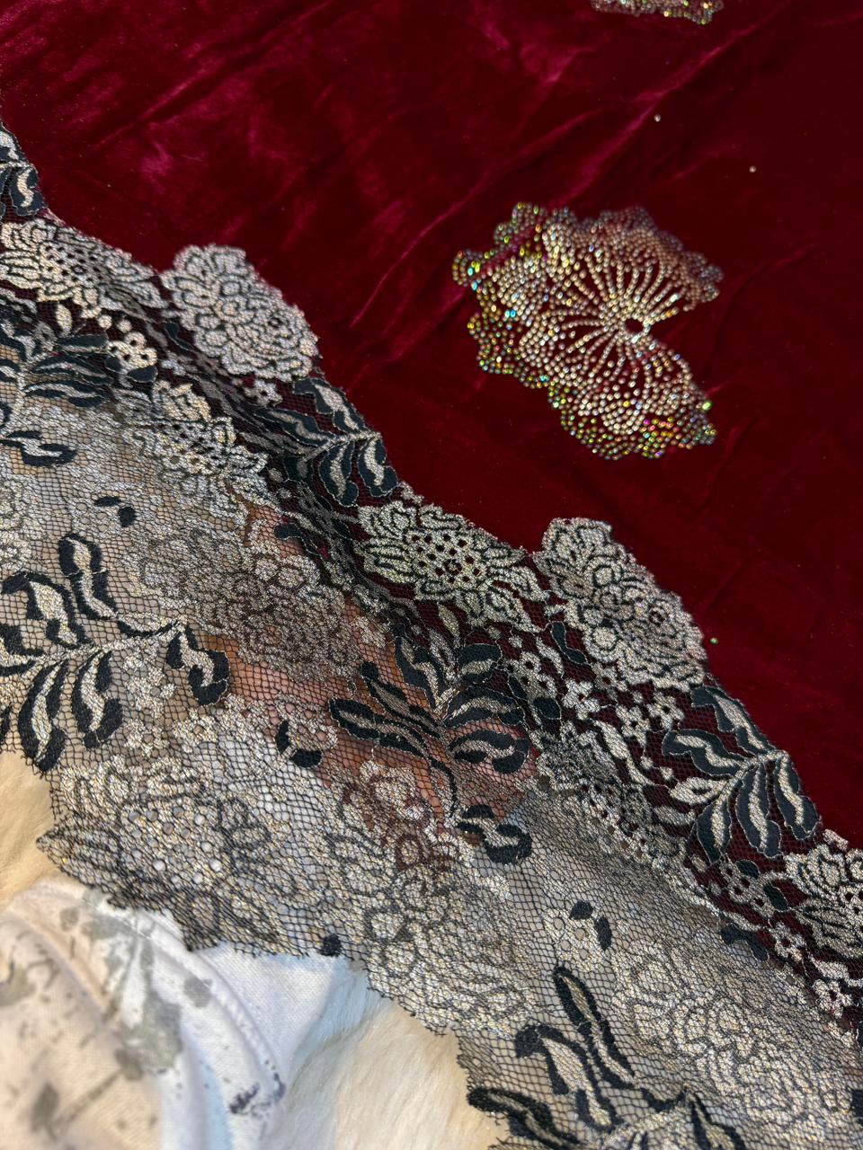 Maroon Crush Velvet Stoles With Cutwork Lace and Stone Work 2.10 meter length 37 inch width