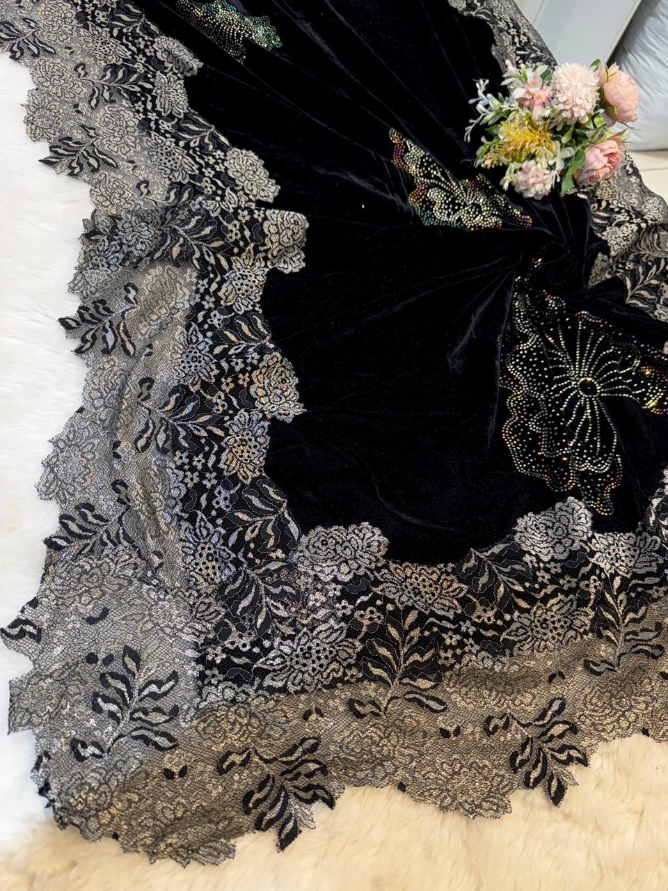 Black Crush Velvet Stoles With Cutwork Lace and Stone Work 2.10 meter length 37 inch width