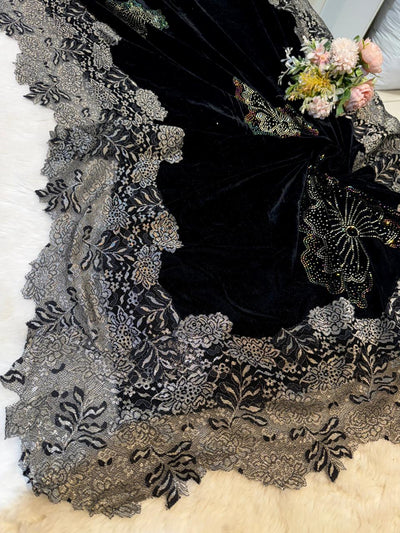Black Crush Velvet Stoles With Cutwork Lace and Stone Work 2.10 meter length 37 inch width