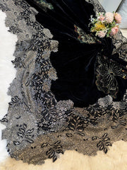 Black Crush Velvet Stoles With Cutwork Lace and Stone Work 2.10 meter length 37 inch width