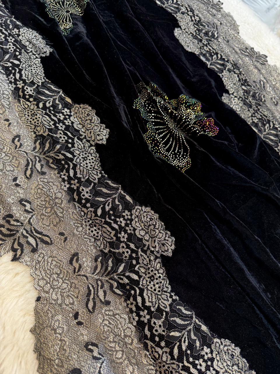 Black Crush Velvet Stoles With Cutwork Lace and Stone Work 2.10 meter length 37 inch width