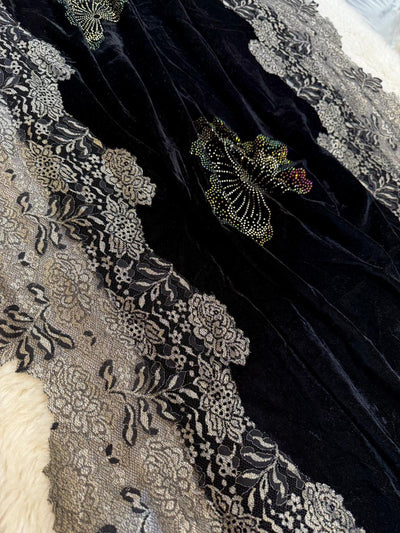 Black Crush Velvet Stoles With Cutwork Lace and Stone Work 2.10 meter length 37 inch width